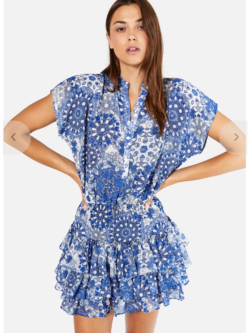 MISA Los Angeles Blue and White Floral Tiered Mini Dress- size S